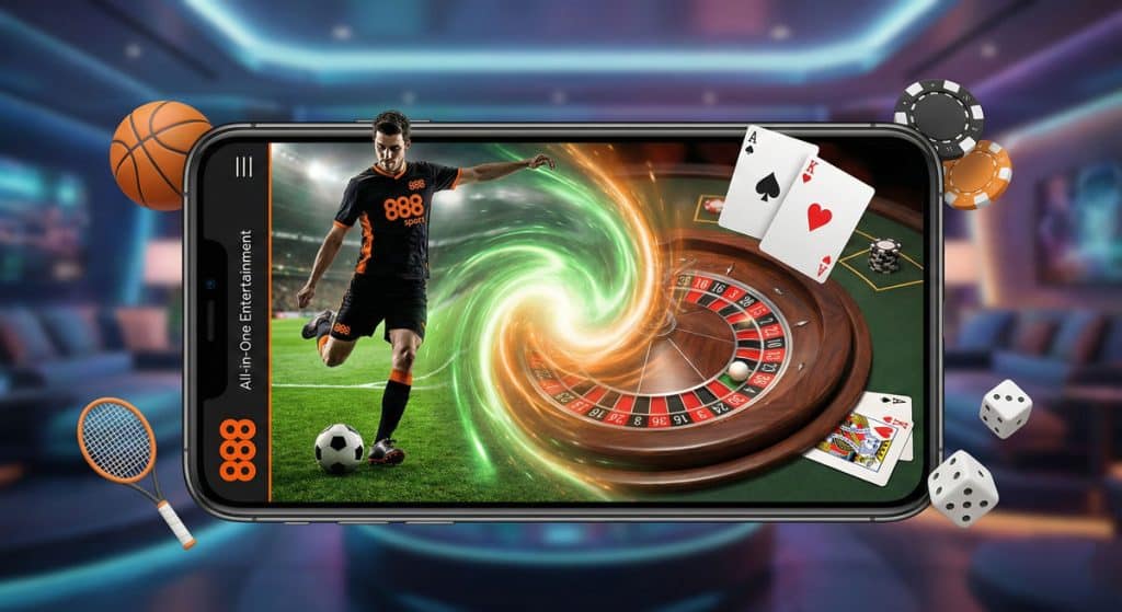 스마트폰 화면 밖으로 튀어나오는 축구 선수와 룰렛, 카드, 주사위가 어우러진 888sport 올인원 앱 이미지