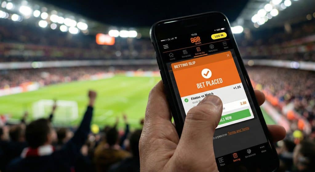 축구 경기장 관중석에서 888sport 모바일 앱을 통해 실시간으로 베팅을 완료(Bet Placed)한 스마트폰 화면