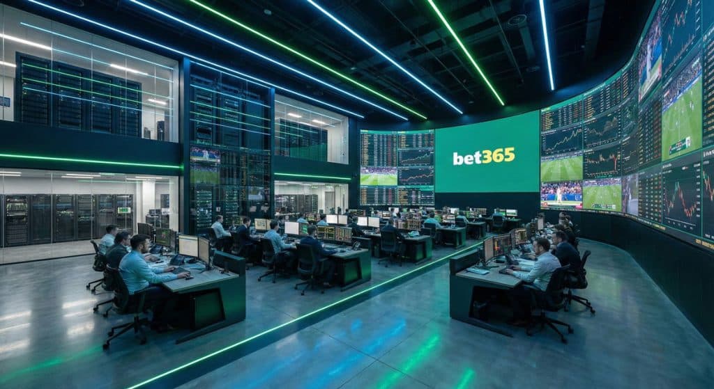 수많은 모니터로 실시간 배당과 보안을 모니터링하는 bet365 본사 관제 센터 모습