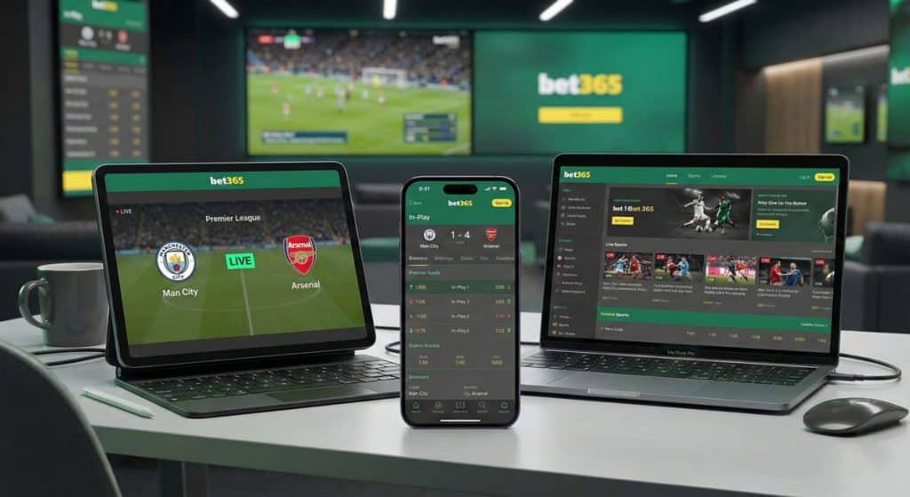 아이폰과 아이패드 맥북에서 동시에 실행되고 있는 bet365 실시간 베팅 화면