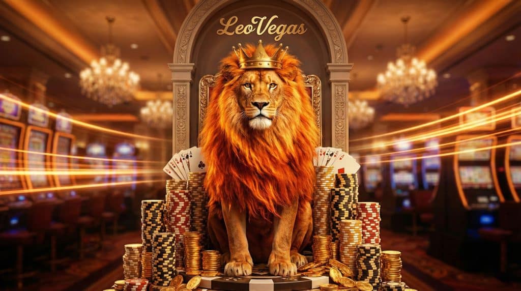 레오베가스(LeoVegas) 로고 아래 왕좌에 앉아 있는 사자와 쌓여 있는 포커 칩, 모바일 카지노의 왕을 상징하는 이미지