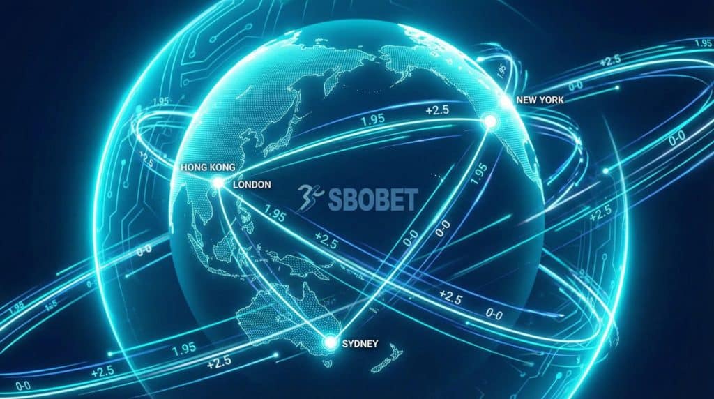 전 세계로 연결된 네트워크망과 지구본 위에 떠 있는 스보벳(SBOBET) 로고, 글로벌 베팅 사이트 이미지