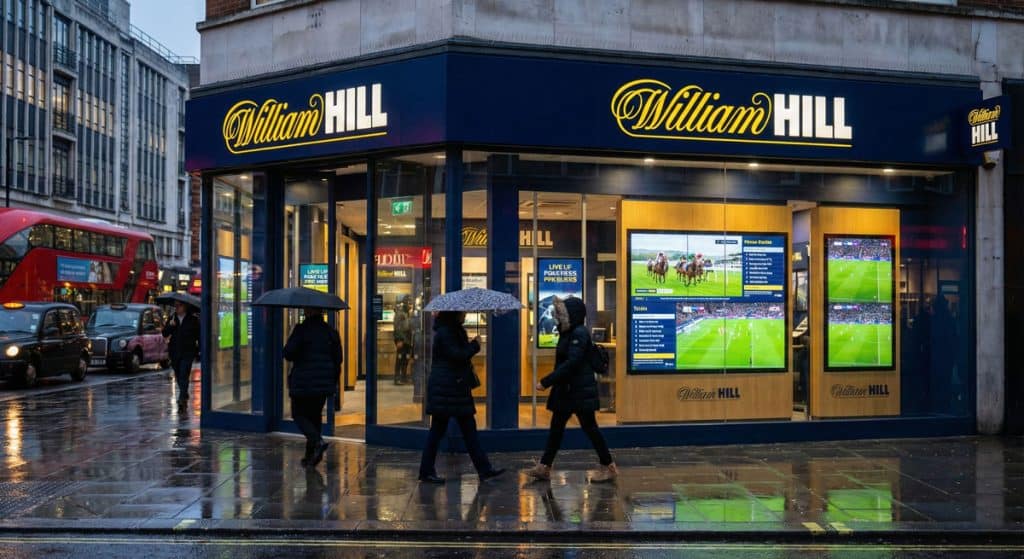 비 오는 런던 거리의 윌리엄힐(William Hill) 오프라인 베팅 샵 외관, 90년 역사의 신뢰성을 상징하는 파란색 간판