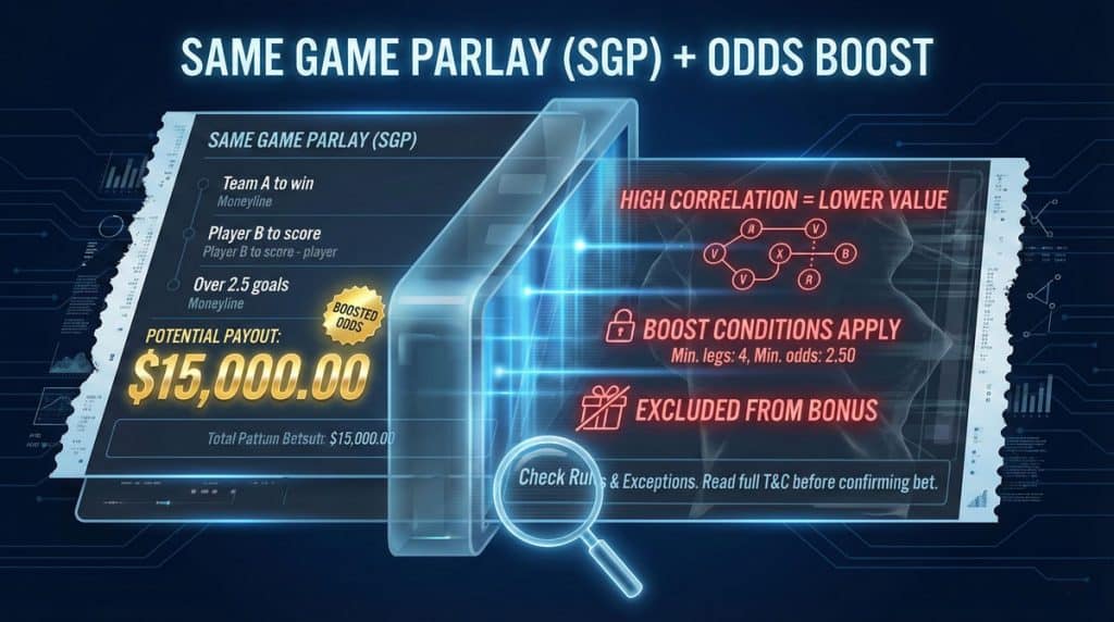스포츠북 기능 SGP와 오즈부스트 예시입니다. 최소 조건, 보너스 제외, 상관관계 등 규정이 기대값에 영향을 줍니다.