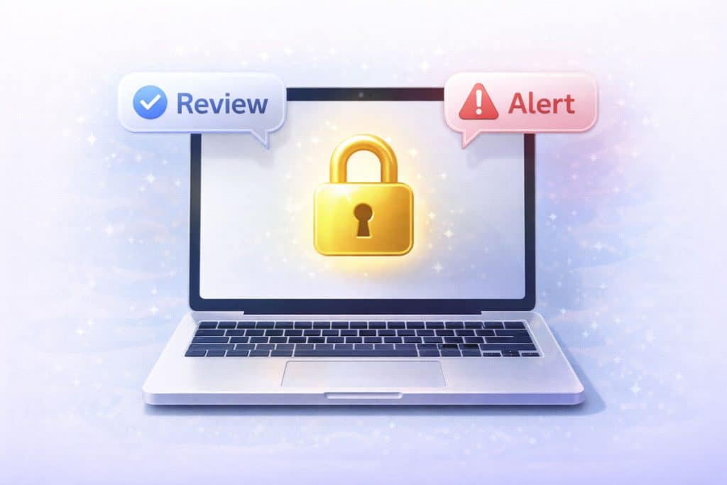 Review/Alert 표시와 자물쇠로 계정 추가 검토(under review) 상태를 나타낸 이미지